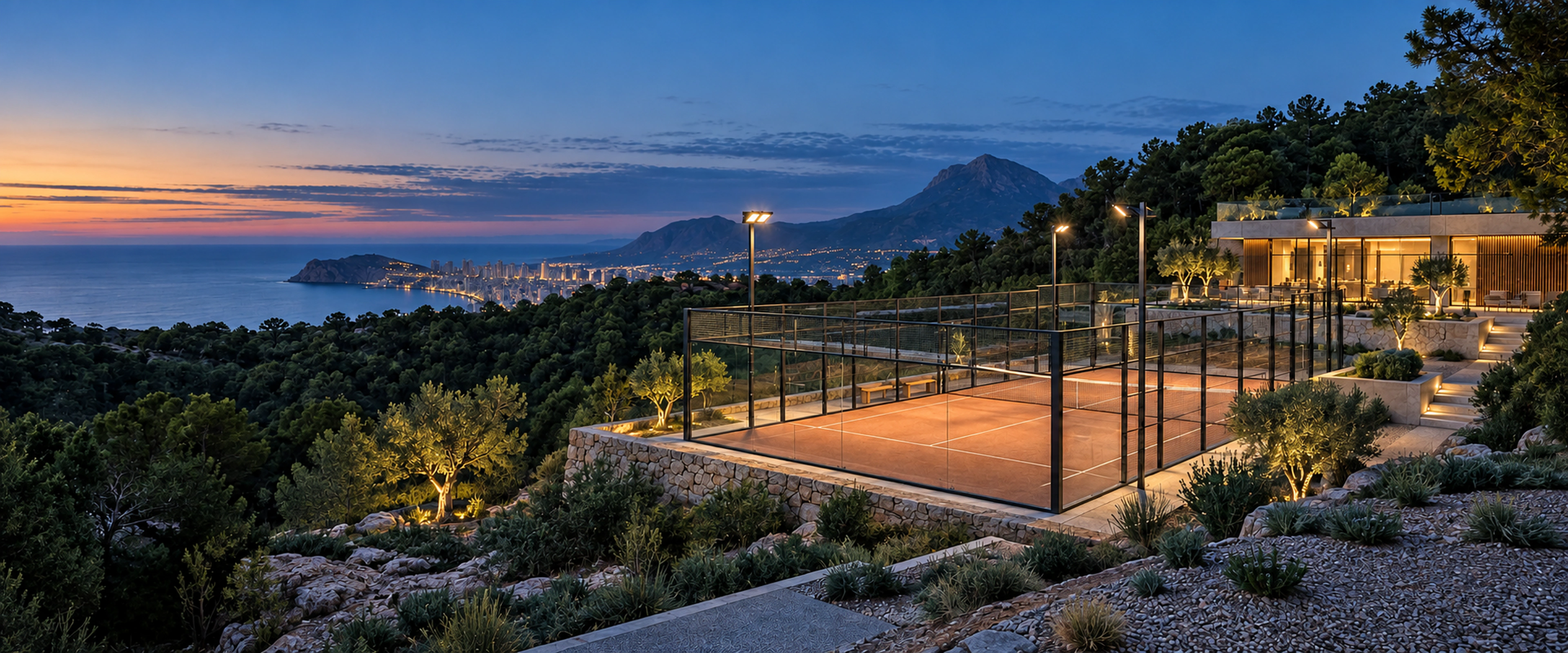 Concept visualization of The Capitol Club padel court and clubhouse in Sierra Cortina at blue hour